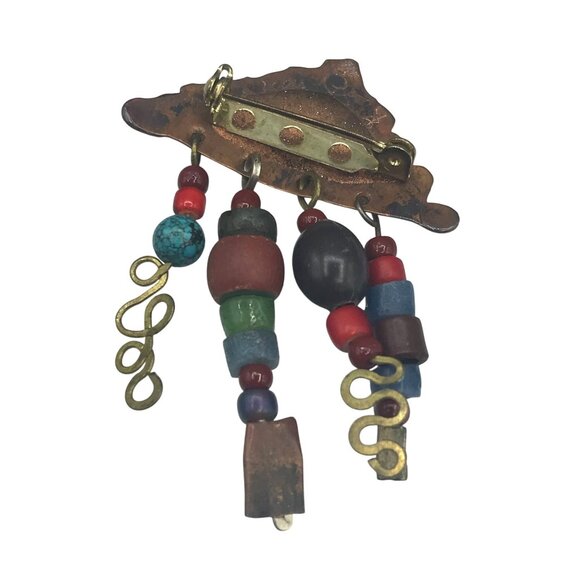 Eclectic Hand Crafted Boho Brooch, Mixed Metals Copper Mountain with Beaded Dang - Picture 3 of 4